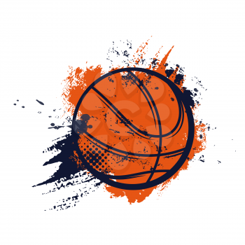 Basketball ball, sport basket and hoop streetball, vector banner or emblem. Basketball championship or sport club league and varsity team players sign of ball on halftone background