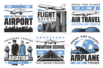 Airport and aviation school vector icons, international airlines and air travel. Vector airplane, pilot and stewardess and worldwide tours. Baggage handlers, control tower and terminal, runway