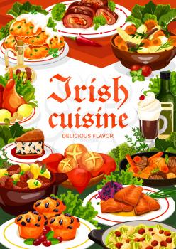 Irish cuisine meal of vegetable, meat and fish, vector food. Potato pancakes, beef and rabbit stews, grilled salmon with cabbage salad, colcannon, soda bread and lingonberry cupcakes with Irish coffee
