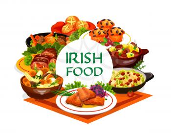 Irish cuisine food vector design of vegetable meal with meat stews and fish dishes. Mashed potato colcannon, red cabbage salad, grilled salmon, beef and lamb, soda bread and lingonberry cupcakes