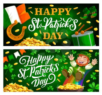 Leprechaun with pot of gold vector banners of St Patricks Day Irish holiday. Lucky clover or shamrock green leaves, golden horseshoe and coins, flag of Ireland and treasure rainbow with cauldron