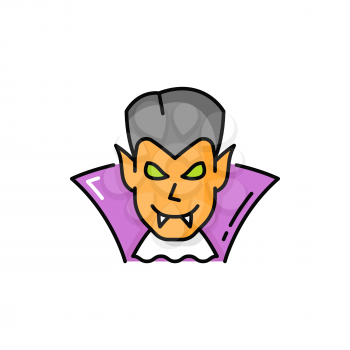 Vampire Dracula in costume isolated color line icon. Vector male in cape, vampire dead monster head with fangs and sharp ears in carnival cloth. Halloween character, man in cloak costume, green eyes