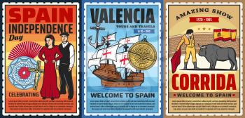 Spanish culture flamenco dance and corrida bulls show, ceramics and marine museum, national costumes. Barcelona and Madrid, Valencia tours vector posters. Spain history, travel landmarks, folk culture