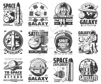 Galaxy exploration and outer space adventure vector icons. Astronaut academy and satellite space camp sign, moon and Saturn planets, spaceship and space shuttle explorer, orbital station