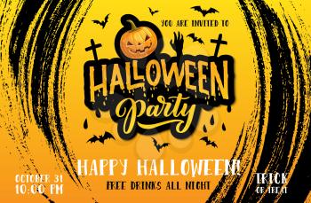 Halloween party vector poster with horror night pumpkin, bats and zombie hand, monster lantern and cemetery tombstone cross with black brush strokes. Halloween trick or treat party invitation