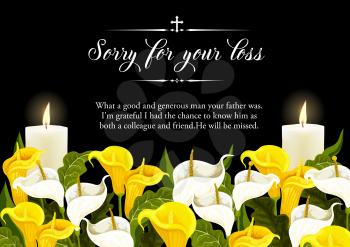 Funerary card with candles and calla lilies. Funeral banner, obituary frame with white and yellow arum flowers, christian cross, flaming candles engraved vector. Obituary condolence for memorial card
