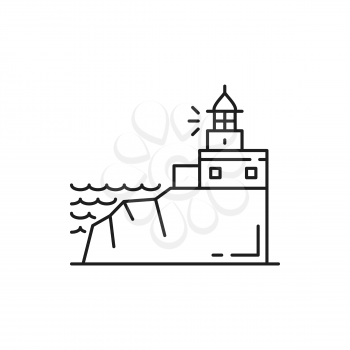 Cabo da roca landscape view of lighthouse at Cabo da Roca in Sintra, Portugal thin line icon. Vector outline graphic, Portuguese famous place, landmark sightseeing. Beacon on rock, ocean view line art