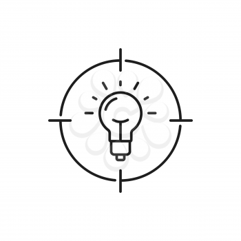 Ideas and innovation, light bulb in target board, aiming isolated outline icon. Vector focus on business score, reaching goals, perfection at job, searching for new ideas. Inspiration and accuracy