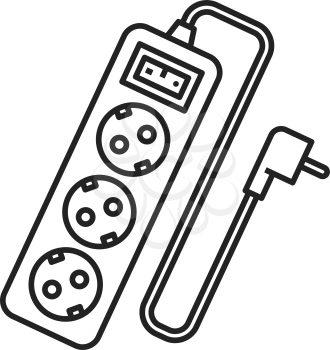 Three sockets extension cord isolated thin line icon. Vector power strip with indicator and individual switches on each socket, drop cord extender. Electrical multiple-socket plug to charge units