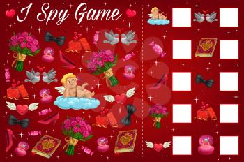 Saint Valentine day children I spy puzzles book page. Child playing activity with calculation task, kids math game. Cupid, flowers and gifts, engagement ring, candy and doves coupe cartoon vector