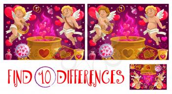 Find ten differences Valentine day logical game for kids with cupids. Child puzzle game, spotting activity. Cherub playing on lyre, love potion in cauldron, spellbook and crystal ball cartoon vector