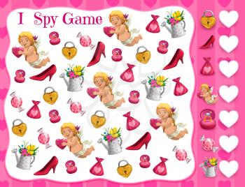 Saint Valentine day kids educational I spy game. Children counting activity, kindergarten child math puzzle. Heart lock, shoe and candy, cupid character, engagement ring and flowers cartoon vector
