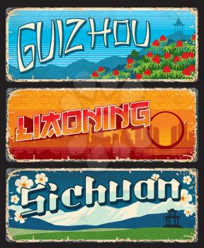 Guizhou, Liaoning and Sichuan chinese province plates and travel stickers, vector. China province and cities tin signs and plates or luggage tags with asian landmark symbols and tourism sightseeing