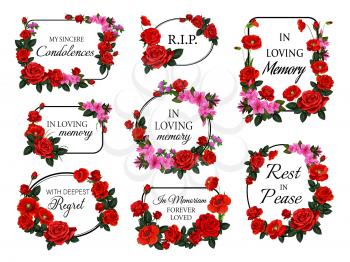 Funerary round and square frames, borders with flowers. Funeral vector card decorations set with roses flowers and buds, red poppy, azaleas and clover blossom. Obituary memorial frames with condolence