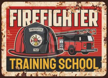 Firefighters training school rusty metal plate. Firefighter classic helmet or leatherhead with brigade emblem or sign, fire truck with extension ladder vector. Rescue service academy retro banner
