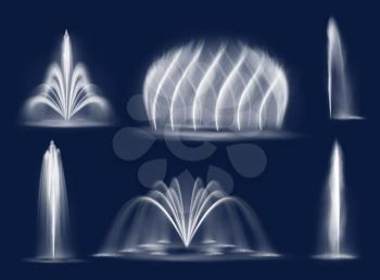 Fountain water jets isolated vector cascades and single splashing streams. Realistic multiple geysers flows eruption, 3d water jets spurt up. Waterworks elements for park decoration and design set