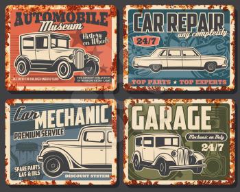 Old cars and vehicles rusty metal plate vector. Antique sedan and coach, classic limousine. Retro automobiles museum exhibition, car repair and restoration service, garage station or mechanic banner