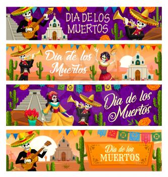 Dia de los Muertos skeleton vector banners of Mexican Day of the Dead holiday. Catrina Calavera and mariachi skulls with sombrero hats, guitars and trumpets, papel picado flags, cactuses and marigolds
