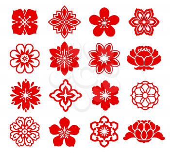 Red Asian floral Chinese, Japanese and Korean flowers, vector icons. China cherry blossom or Japan sakura ornaments, oriental paper art or holiday papercut graphic. Chinese, Japanese decor
