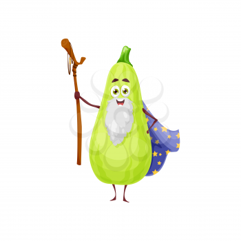 Happy zucchini or squash vegetable wizard character. Vector veggies necromancer, cartoon funny magician in cape with stars and wooden staff. Garden plant sorcerer, magic personage, enchanter food