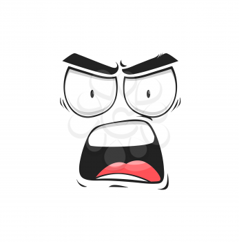 Cartoon angry shout face vector yelling or scream character emoji with mad eyes and open yell mouth. Furious facial expression, aggressive feelings, isolated comic personage with furrowed brows