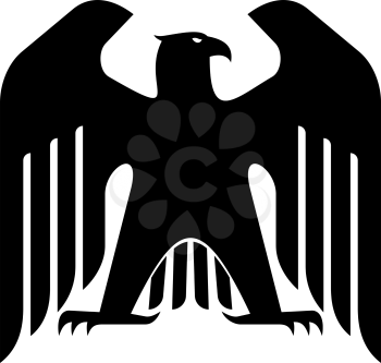 Silhouette of a black majestic eagle with its wings raised and head in profile isolated on white for heraldry design