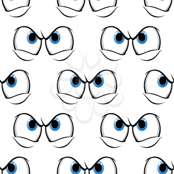 Seamless pattern of cross angry blue eyes with a menacing frown, cartoon vector illustration isolated on white