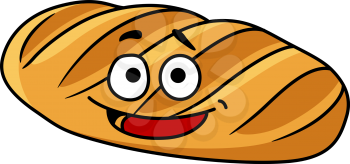 Happy freshly baked golden cartoon crispy crusty French baguette with a wide smile, isolated on white