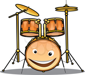 Set of drums and cymbals for a band with a happy smiling drum in the foreground, cartoon illustration isolated on white