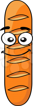 Happy crusty brown cartoon French baguette standing upright with a big smile, vector illustration on white