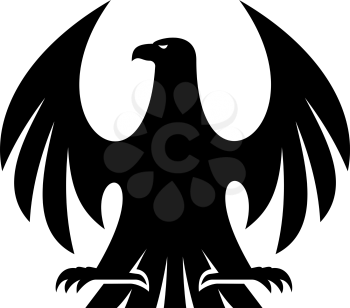Proud eagle black and white silhouette with raised wings and head turned to the left for heraldry design