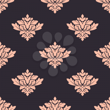 Vintage damask style seamless pattern in indigo and puce colors with foliate arabesque motif suitable for wallpaper and textile