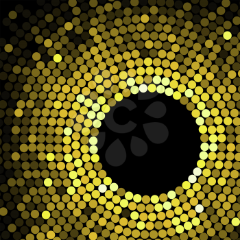 Abstract geometric pattern of gold circles or dots in graduated color surrounding a black circular hole with copyspace