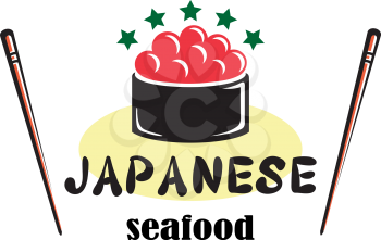 Red colored Japanese seafood design with red caviar, chopsticks and stars suitable for food industry isolated over white background