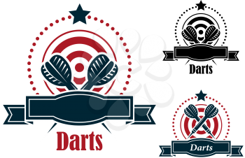 Darts sports emblems with crossed darts over a dart board with a blank ribbon banner and the text - darts - in three color variants an one with the darts in a different position for sporting or leisur