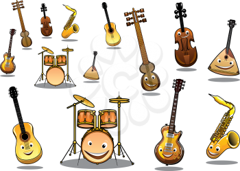 Large collection of musical instruments with happy cartoon faces including a zither, guitar, saxophone, electric guitar, violin and a set of drums