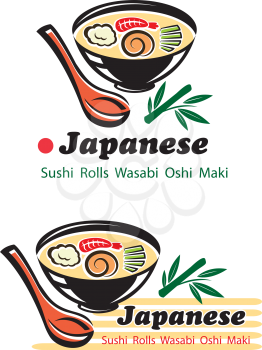 Japanese cuisine with a bowl of soup containing shrimp and sushi rolls with the text Japanese - Sushi Rolls, Wasabi, Osh, Maki below, in two variations for restaurant design