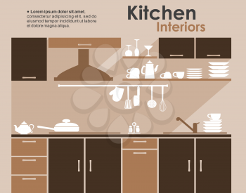Kitchen interiors flat design in shades of brown with built in cabinets and appliances with kitchenware and crockery on shelves