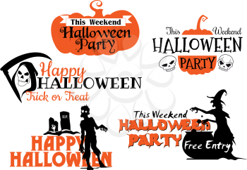 Halloween party banners set with orange pumpkins, zombie, cemetery, witch, death skull and tombstones