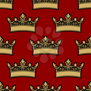 Heraldic crown seamless background pattern with a repeat motif of a gold crown on a red background, vector illustration