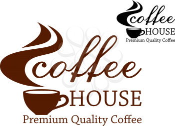 Premium quality coffee retro emblem with cup of coffee and steam, for cafe house and restaurant menu design 