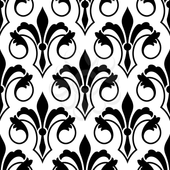 Fleur de Lys seamless bakground pattern with ornate motifs with a stylized scrolling elegant foliate pattern in a black and white vector illusration with repeat motif