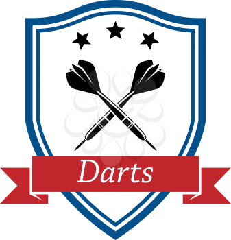 Blue shield enclosing crossed dart with stars on the top and text Darts on red ribbon for sports or leisure design