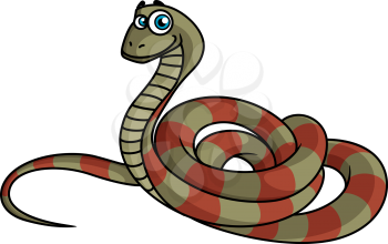 Cartoon striped snake in green and brown colors isolated on white, vector illustration