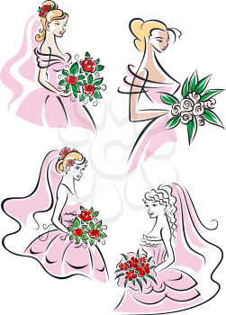 Pretty brides with floral bouquets in pink gowns and veils, vector illustration on white