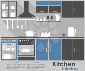 Kitchen Interior design template showing a fitted kitchen with appliances, kitchenware and crockery in grey, white and blue with space for text. For infographic design