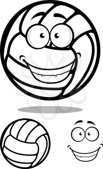 Happy cartoon volleyball ball character with a smiling face in a black and white, vector illustration