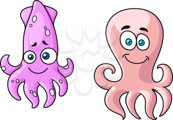 Squid and octopus cartoon characters with funny faces isolated on white background for mascot or fairytale design