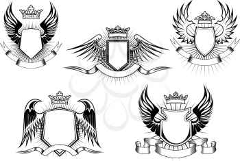 Heraldic royal coat of arms and shields with ornate crowns, wings, ribbon banners and light rays on white background