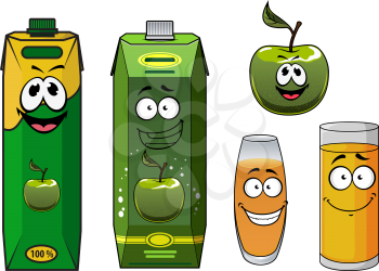 Cartoon smiling packs of natural apple juice with fresh green apple fruit and glasses for healthy nutrition and food packaging design